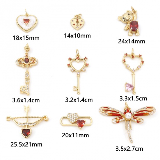 Picture of Copper Charms Gold Plated Heart Dragonfly Micro Pave Clear & Red Rhinestone
