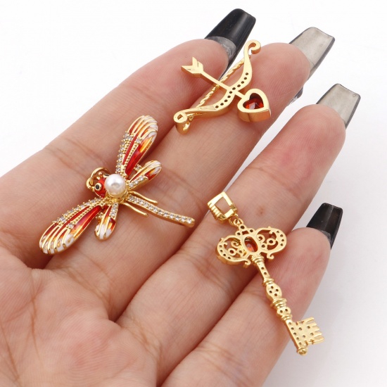Picture of Copper Charms Gold Plated Heart Dragonfly Micro Pave Clear & Red Rhinestone