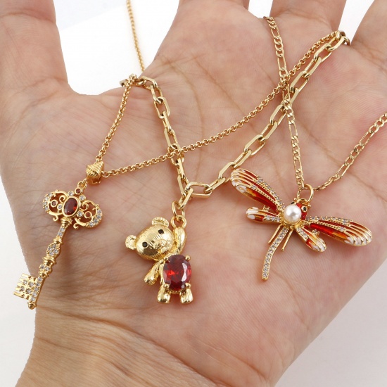 Picture of Brass Charms Gold Plated Heart Dragonfly Micro Pave Clear & Red Rhinestone