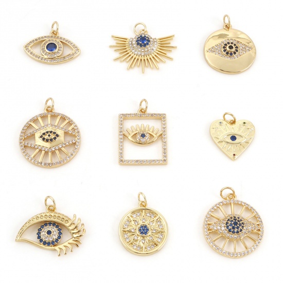 Picture of Brass Religious Charms Gold Plated Evil Eye Micro Pave Blue Rhinestone                                                                                                                                                                                        
