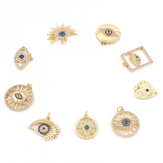 Picture of Brass Religious Charms Gold Plated Evil Eye Micro Pave Blue Rhinestone                                                                                                                                                                                        