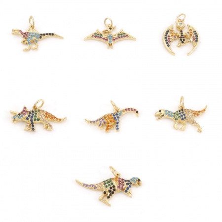 Breloques en Laiton Doré Dinosaures Micro Pave à Strass Coloré 1 Pièce