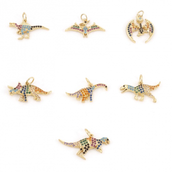 Picture of Brass Charms Gold Plated Dinosaur Animal Micro Pave Multicolor Rhinestone