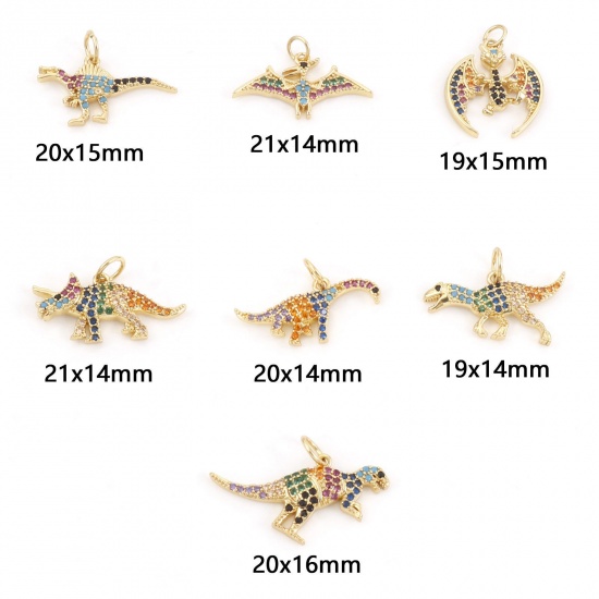 Picture of Brass Charms Gold Plated Dinosaur Animal Micro Pave Multicolor Rhinestone