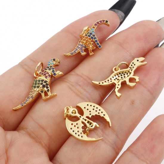 Picture of Brass Charms Gold Plated Dinosaur Animal Micro Pave Multicolor Rhinestone