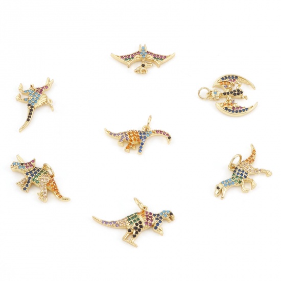 Picture of Brass Charms Gold Plated Dinosaur Animal Micro Pave Multicolor Rhinestone