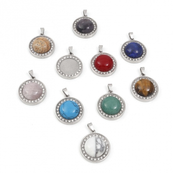 Picture of Gemstone Charms Silver Tone Round Clear Rhinestone 30mm x 21.5mm