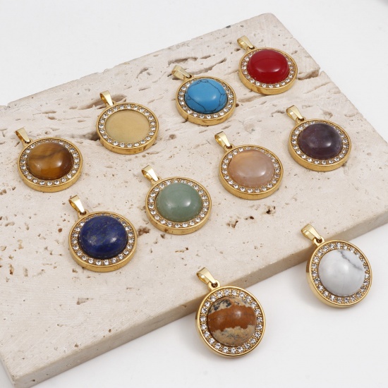 Picture of Gemstone Charms Gold Plated Round Clear Rhinestone 30mm x 21.5mm