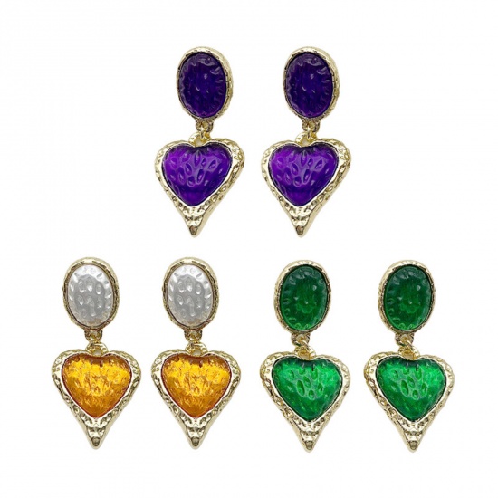 Picture of Valentine's Day Ear Post Stud Earrings Gold Plated Multicolor Heart 5cm x 2.5cm 