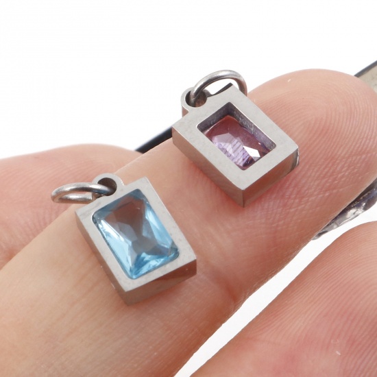 Picture of 304 Stainless Steel Charms Silver Tone Rectangle Multicolour Cubic Zirconia 13mm x 6mm
