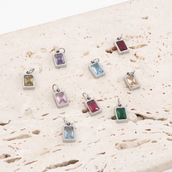 Picture of 304 Stainless Steel Charms Silver Tone Rectangle Multicolour Cubic Zirconia 13mm x 6mm