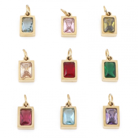 304 Stainless Steel Charms Gold Plated Rectangle Multicolour Cubic Zirconia 13mm x 6mm