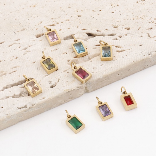 Picture of 304 Stainless Steel Charms Gold Plated Rectangle Multicolour Cubic Zirconia 13mm x 6mm