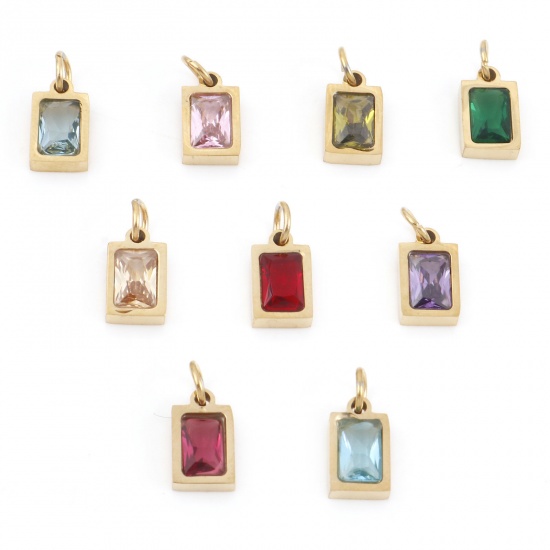 Picture of 304 Stainless Steel Charms Gold Plated Rectangle Multicolour Cubic Zirconia 13mm x 6mm