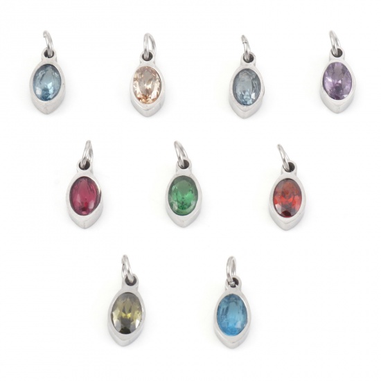 Picture of 304 Stainless Steel Charms Silver Tone Marquise Multicolour Cubic Zirconia 13.5mm x 5mm