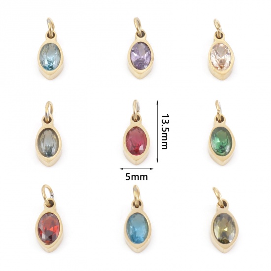 Picture of 304 Stainless Steel Charms Gold Plated Marquise Multicolour Cubic Zirconia 13.5mm x 5mm