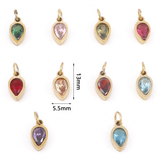 304ステンレス鋼 チャーム 滴 ドロップ 金メッキ 多色ジルコン 13mm x 5.5mm、 1 個 の画像