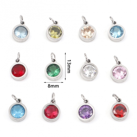 Picture of 304 Stainless Steel Charms Silver Tone Round Multicolour Cubic Zirconia 13mm x 8mm