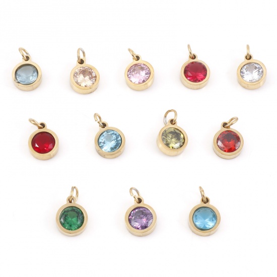 Picture of 304 Stainless Steel Charms Gold Plated Round Multicolour Cubic Zirconia 13mm x 8mm