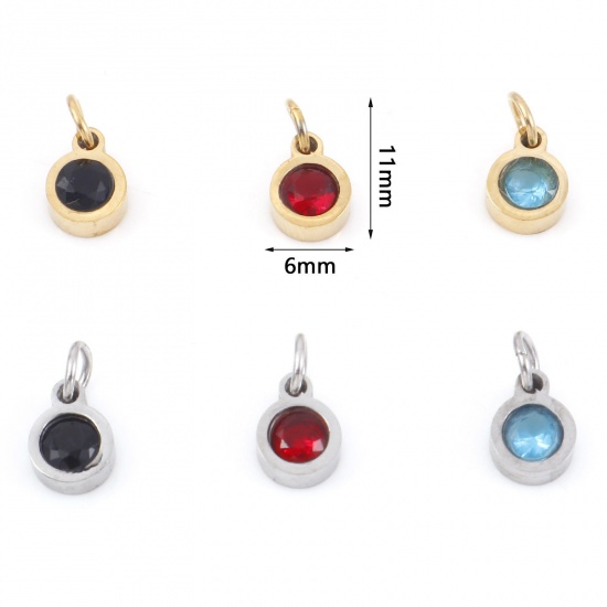 Picture of 304 Stainless Steel Charms Round Multicolour Cubic Zirconia 11mm x 6mm