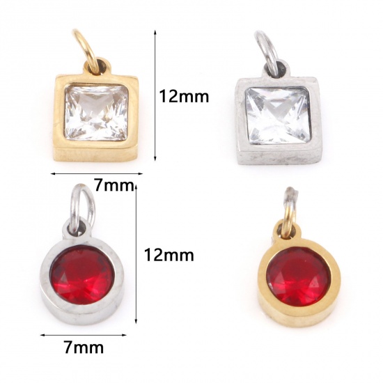 Picture of 304 Stainless Steel Charms Round Square Multicolour Cubic Zirconia 11mm x 6mm
