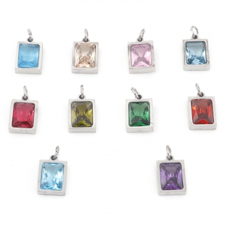 304 Stainless Steel Charms Silver Tone Rectangle Multicolour Cubic Zirconia 15mm x 8mm
