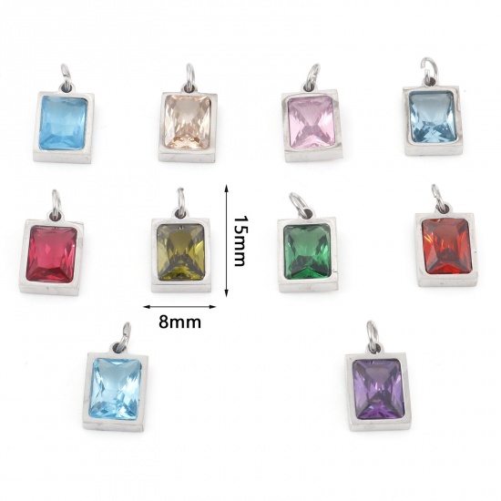 Picture of 304 Stainless Steel Charms Silver Tone Rectangle Multicolour Cubic Zirconia 15mm x 8mm
