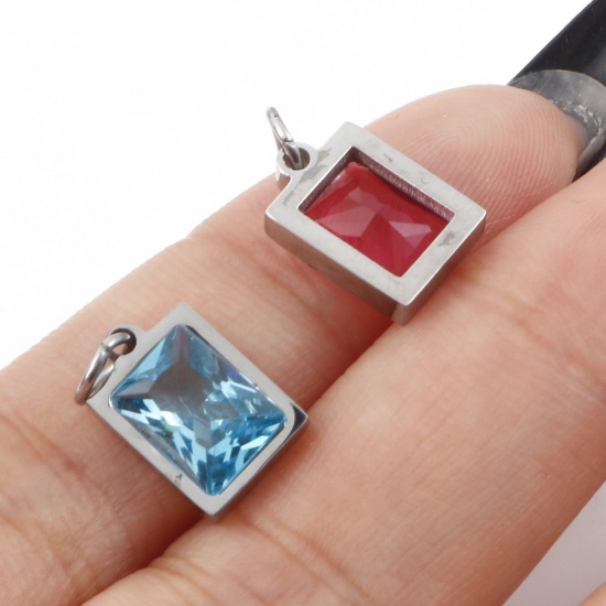 Picture of 304 Stainless Steel Charms Silver Tone Rectangle Multicolour Cubic Zirconia 15mm x 8mm