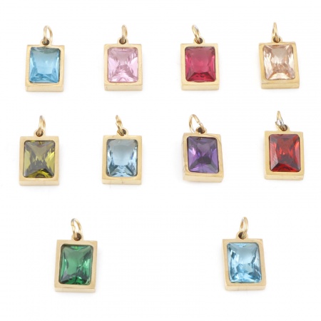 304 Stainless Steel Charms Gold Plated Rectangle Multicolour Cubic Zirconia 15mm x 8mm