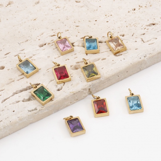 Picture of 304 Stainless Steel Charms Gold Plated Rectangle Multicolour Cubic Zirconia 15mm x 8mm