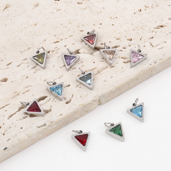Picture of 304 Stainless Steel Charms Silver Tone Triangle Multicolour Cubic Zirconia 14mm x 10mm