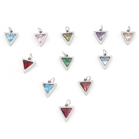 Picture of 304 Stainless Steel Charms Silver Tone Triangle Multicolour Cubic Zirconia 14mm x 10mm