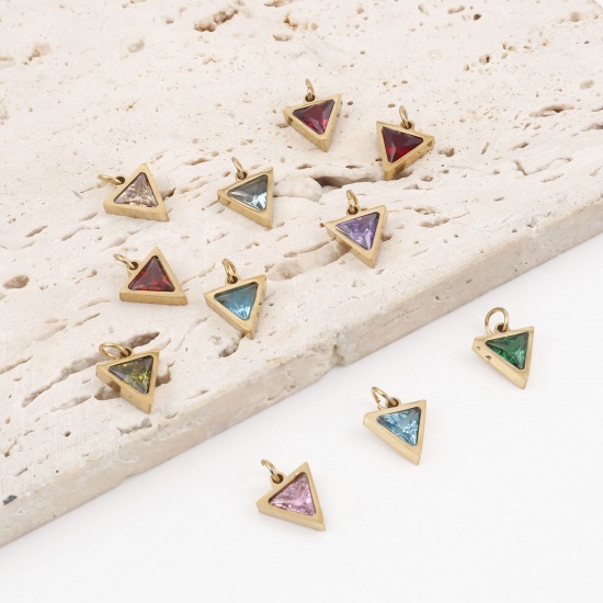Picture of 304 Stainless Steel Charms Gold Plated Triangle Multicolour Cubic Zirconia 14mm x 10mm