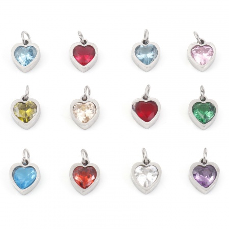 304 Edelstahl Valentinstag Charms Herz Silberfarbe Bunt Zirkonia 13mm x 8mm, 1 Stück