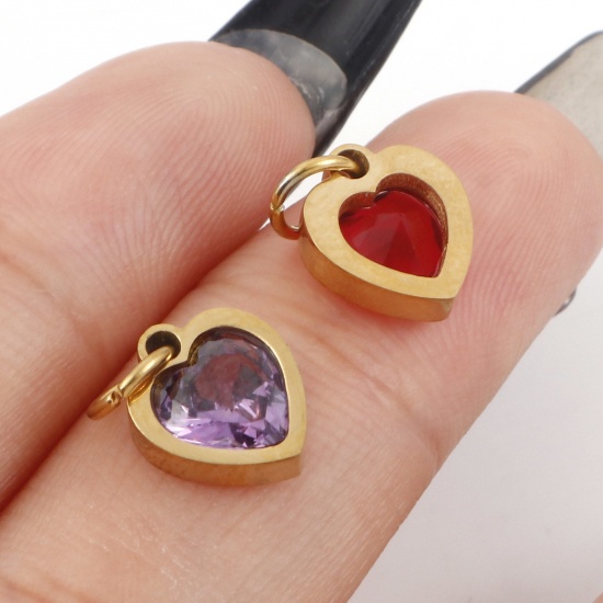 Picture of 304 Stainless Steel Valentine's Day Charms Gold Plated Heart Multicolour Cubic Zirconia 13mm x 8mm