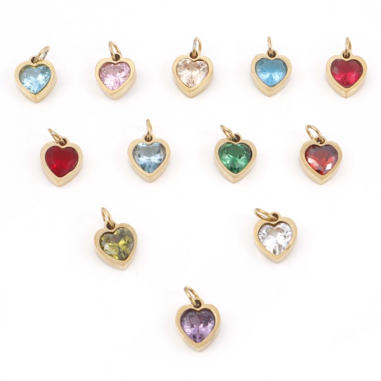 Picture of 304 Stainless Steel Valentine's Day Charms Gold Plated Heart Multicolour Cubic Zirconia 13mm x 8mm