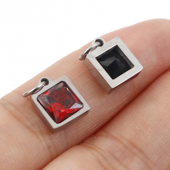 Picture of 304 Stainless Steel Charms Silver Tone Square Multicolour Cubic Zirconia 13mm x 8mm