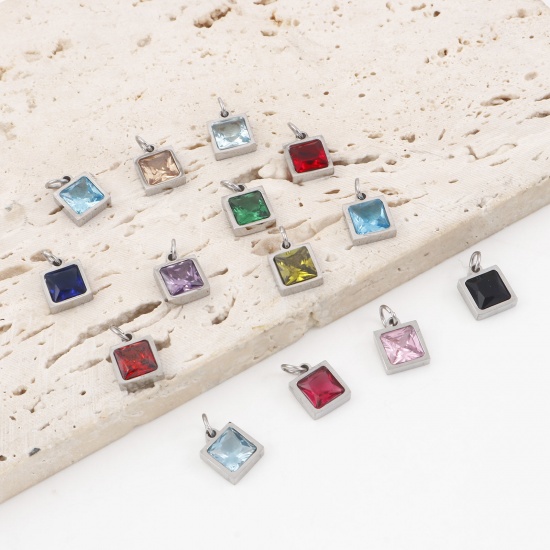 Picture of 304 Stainless Steel Charms Silver Tone Square Multicolour Cubic Zirconia 13mm x 8mm
