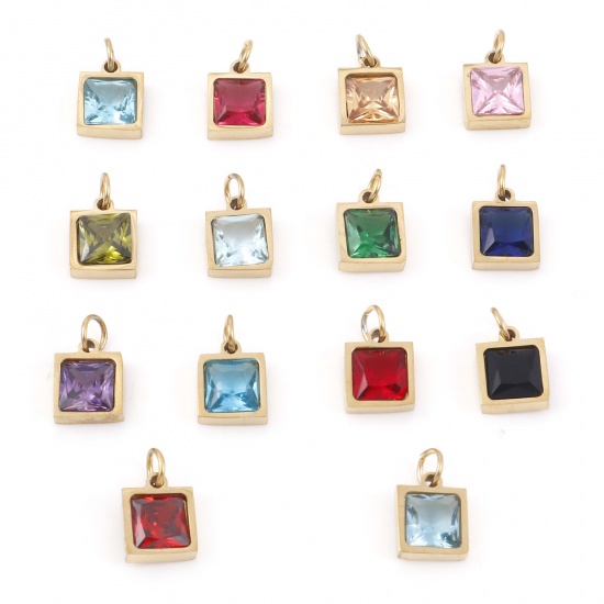 Imagen de 304 Acero Inoxidable Colgantes Charms Cuadrado Chapado en Oro Multicolor Circón Artificial 13mm x 8mm, 1 Unidad