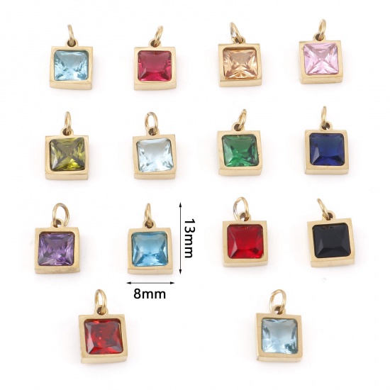 Imagen de 304 Acero Inoxidable Colgantes Charms Cuadrado Chapado en Oro Multicolor Circón Artificial 13mm x 8mm, 1 Unidad