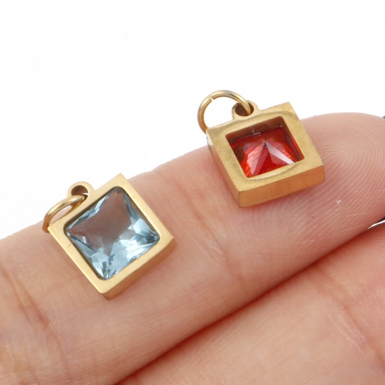 Imagen de 304 Acero Inoxidable Colgantes Charms Cuadrado Chapado en Oro Multicolor Circón Artificial 13mm x 8mm, 1 Unidad