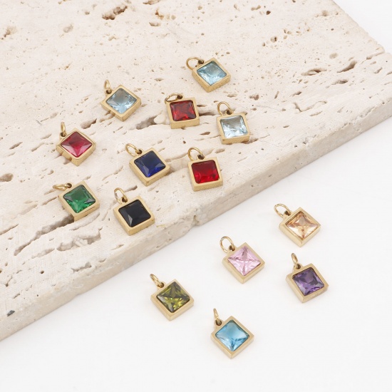 Imagen de 304 Acero Inoxidable Colgantes Charms Cuadrado Chapado en Oro Multicolor Circón Artificial 13mm x 8mm, 1 Unidad