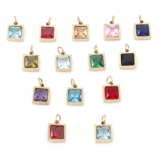Imagen de 304 Acero Inoxidable Colgantes Charms Cuadrado Chapado en Oro Multicolor Circón Artificial 13mm x 8mm, 1 Unidad