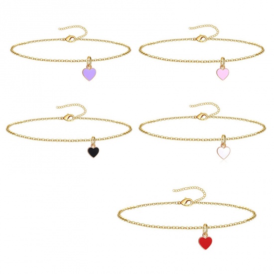 Picture of 304 Stainless Steel Valentine's Day Link Chain Anklet Gold Plated Multicolor Enamel Heart 21cm(8 2/8") long