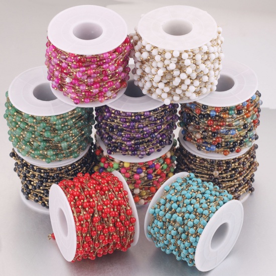 Picture of 304 Stainless Steel & Stone Beaded Chain For Handmade DIY Jewelry Making Findings Gold Plated Multicolor 4.5mm - 4mm