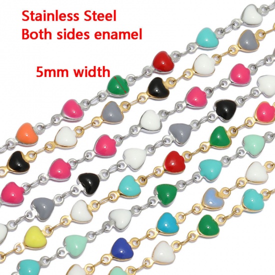 Picture of 304 Stainless Steel Link Chain Heart Gold Plated Multicolor Enamel 5mm