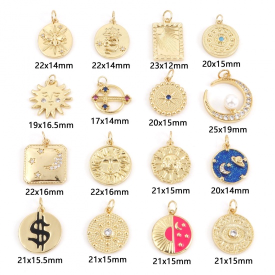 Picture of Brass Charms Gold Plated Sun Moon Enamel Clear Cubic Zirconia                                                                                                                                                                                                 