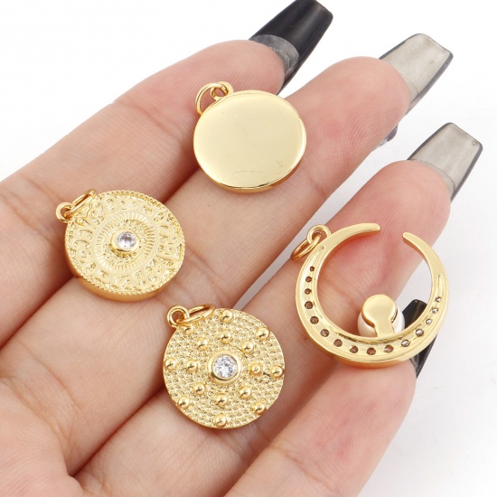 Picture of Brass Charms Gold Plated Sun Moon Enamel Clear Cubic Zirconia                                                                                                                                                                                                 