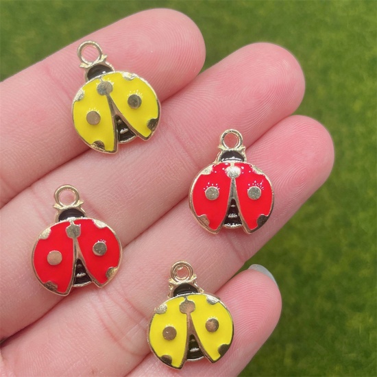 Picture of Zinc Based Alloy Insect Charms Gold Plated Multicolor Ladybug Animal Enamel 18mm x 15mm