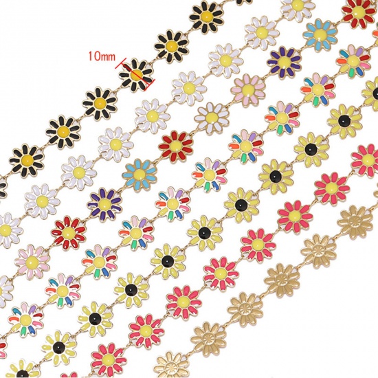Picture of 304 Stainless Steel Handmade Link Chain Flower Gold Plated Multicolor Enamel 10mm